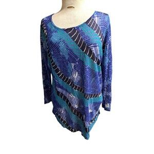 Nic + Zoe Linen Pullover Sweater Women L Blue Green Lightweight Beachy Geo Print